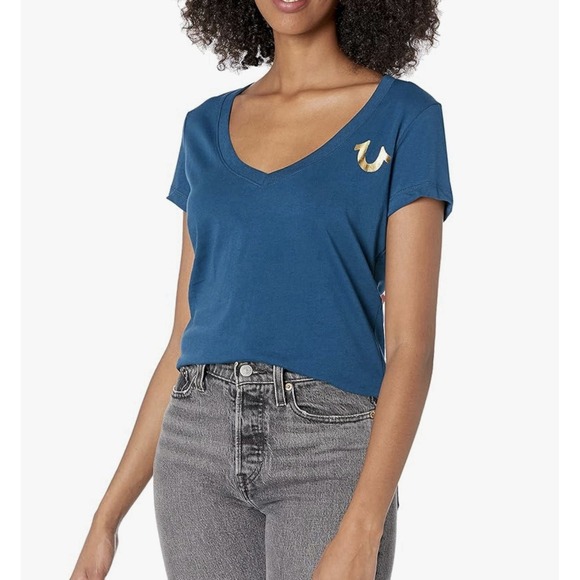 True Religion V-Neck Logo Tee T-Shirt Poseidon Silver Size L Women's Retails $59 - Picture 1 of 8